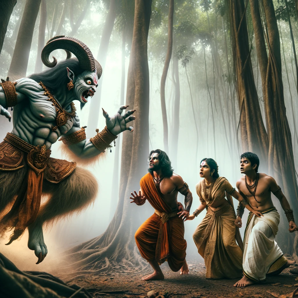 The Demon Viradha attacks Rama, Lakshmana and Sita
